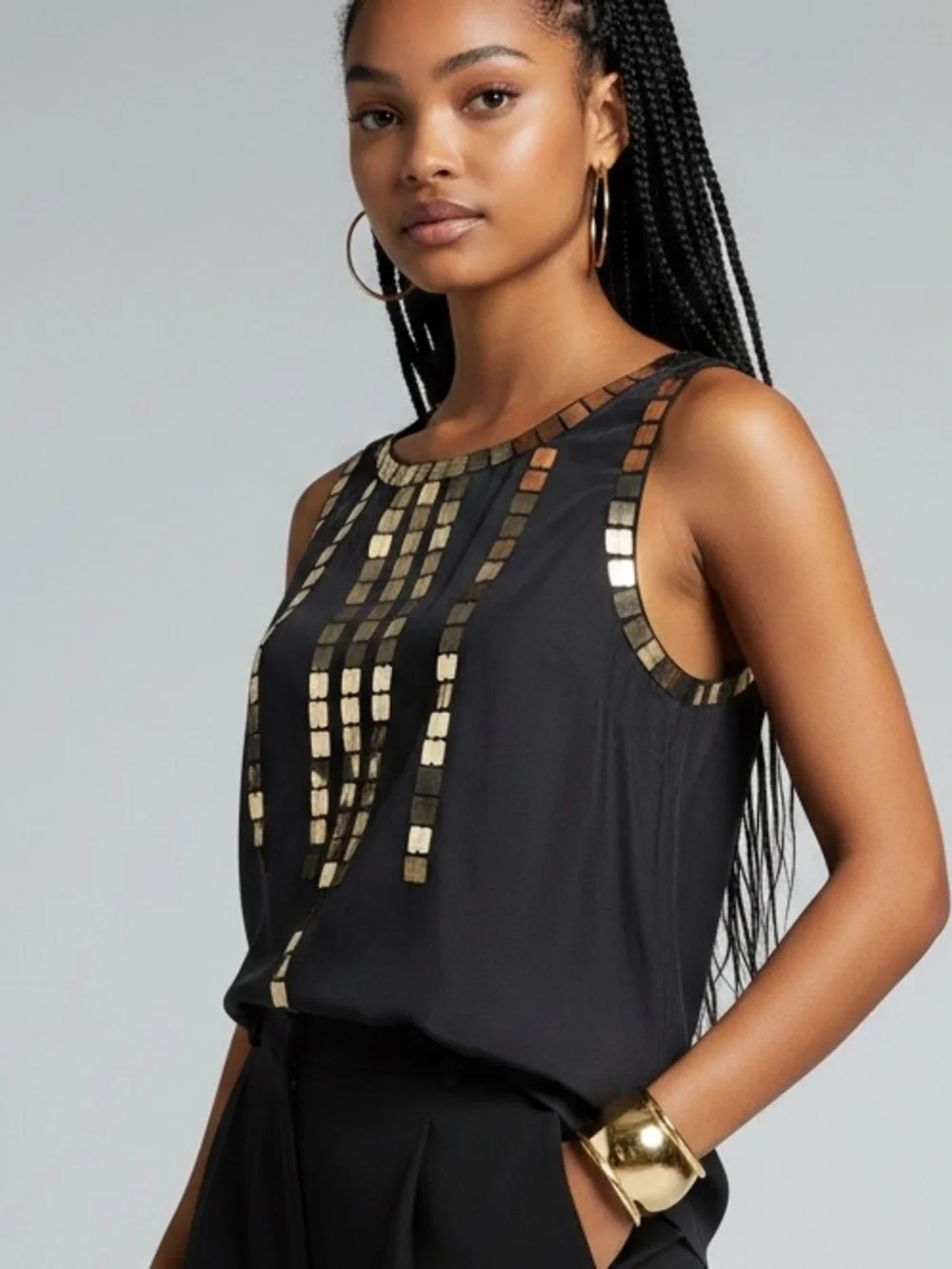 Tory Burch Sleeveless Black Silk Blouse Gold Paillettes 8 Festive Nite Out Party